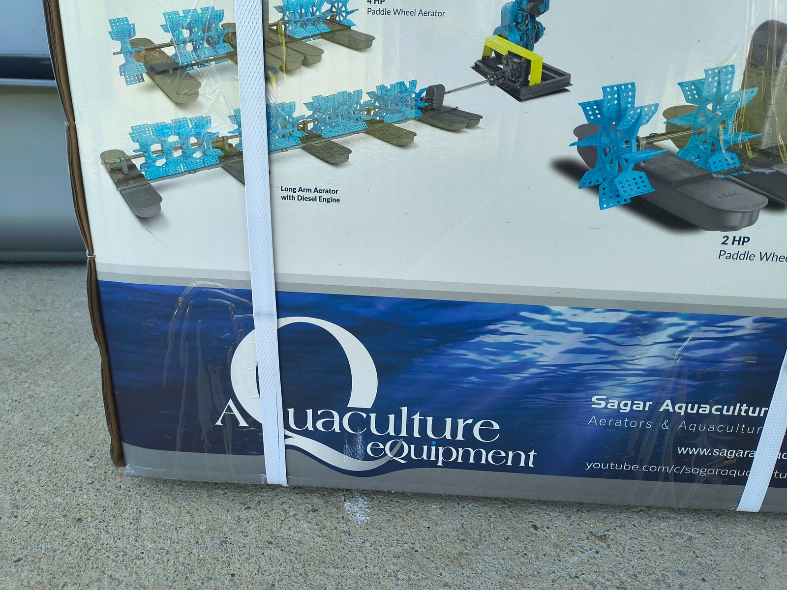 Sagar Aquaculture carton showing 2 HP paddle wheel aerator