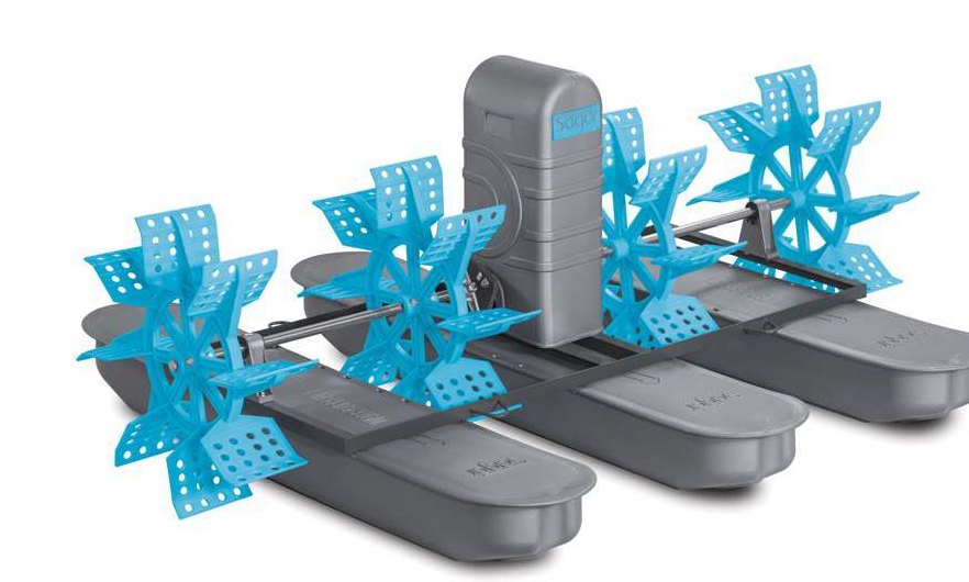 Complete 2 HP Sagar paddle wheel aerator: four blue impellers on three HDPE floats with grey motor